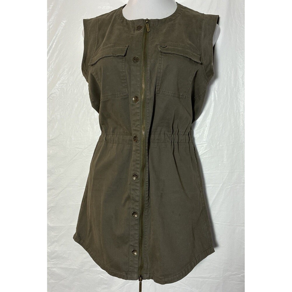 True Religion Utility Dress Button Front Zip Up Pockets Green Gorpcore Safari SM